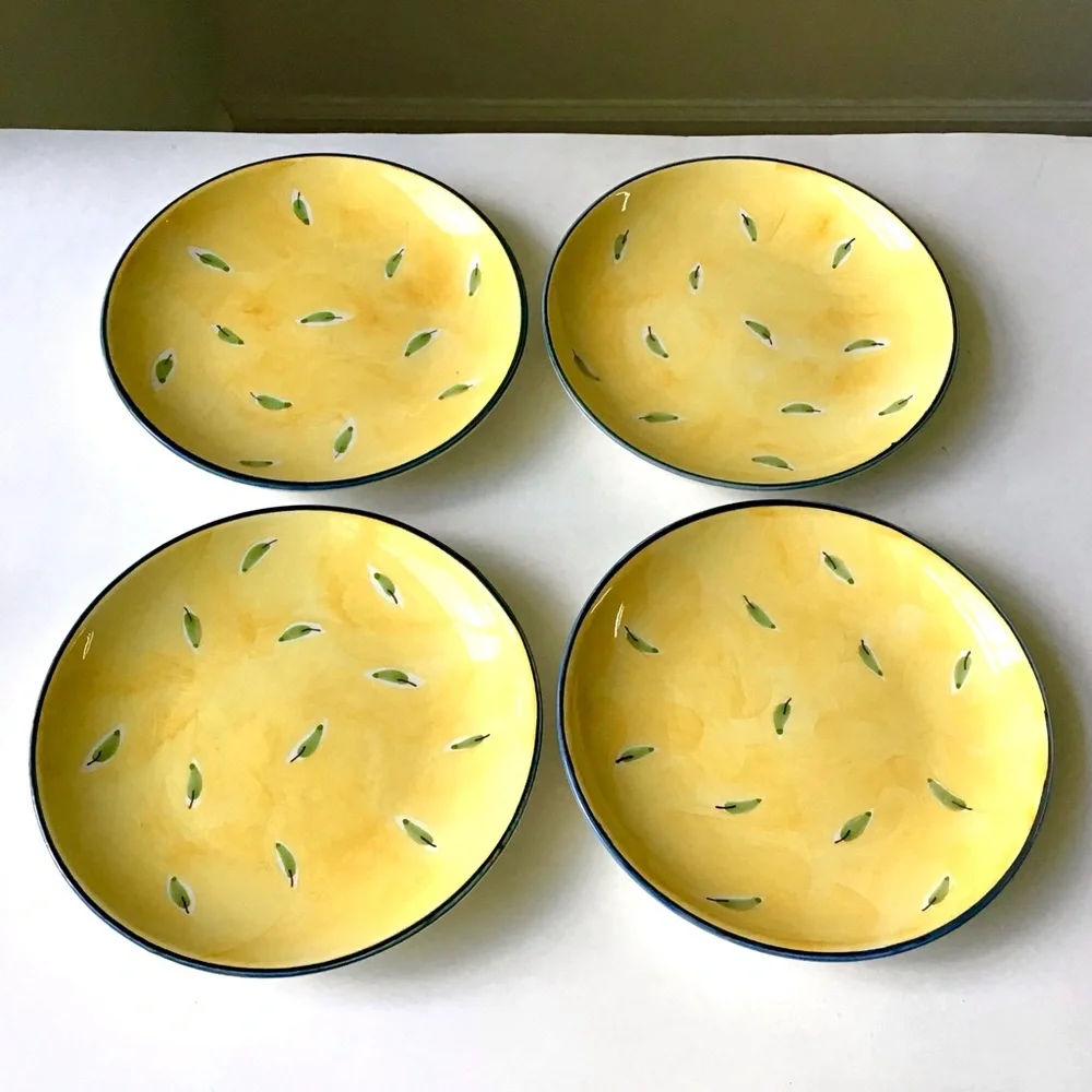 Stonemite Plates 4 Salad Dessert Appetizer 7.5” Hand Painted Yellow Green Leaf